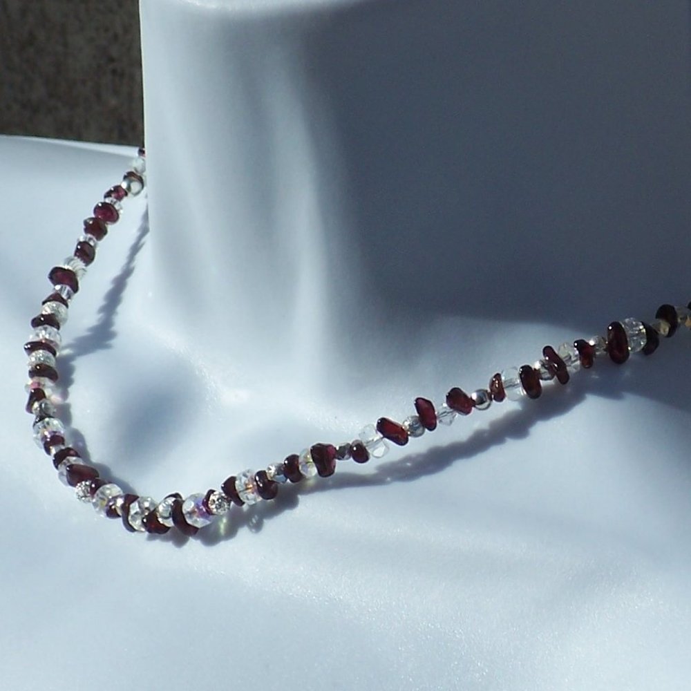 Handmade Garnet Necklace With Silver Stardust Beads and Clear Beads
